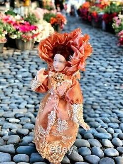 Victorian Lady In Peach Silk Coat And Bonnet, Artist Made OOAK Doll 112 Scale