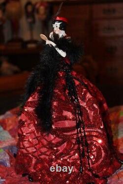 Vintage 1920s Flapper Doll Gowned In Red Sequins Freshening Her Lipstick-OOAK