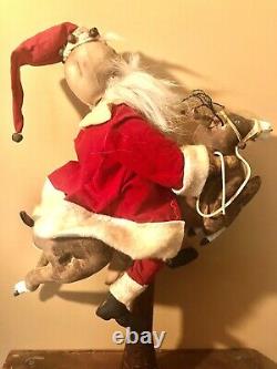 Vintage 20 Hand Made Santa On Flying Reindeer Artist OOAK On Antique Spool