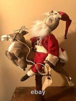Vintage 20 Hand Made Santa On Flying Reindeer Artist OOAK On Antique Spool