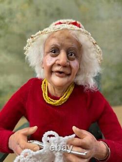 Vintage Art Doll Mrs. Muskova Maria Saracino Sculpted Clay 11 Tall Sitting