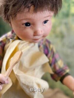 Vintage Dianne Dengel American Artist Cloth Doll OOAK Boy & His Spoon 1985 32