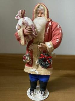 Vintage German Style Santa With Wreath Satchel Handmade Signed By Voni Artist OOAK
