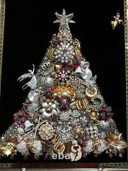 Vintage Jewelry Christmas Tree Art Angels Framed 17 x 21 Tall Folk Art OOAK