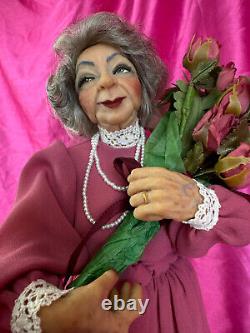 Vintage NIADA Artist Doll Nancy Walters OOAK Polymer Clay Elderly Woman Roses