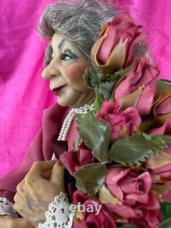 Vintage NIADA Artist Doll Nancy Walters OOAK Polymer Clay Elderly Woman Roses