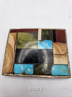 Vtg OOAK Sterling Silver Handmade Artist Signed Stone Inlaid Belt Buckle