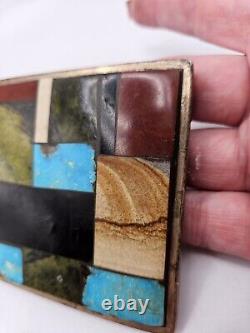 Vtg OOAK Sterling Silver Handmade Artist Signed Stone Inlaid Belt Buckle