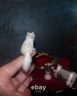 White Cat with ODD EYES miniature handmade OOAK 112 dollhouse realistic IGMA
