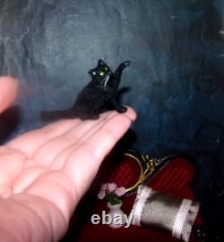 ARTISAN Miniature Black Cat OOAK pour maison de poupée 1:12, réaliste, sculpté à la main et fait main
