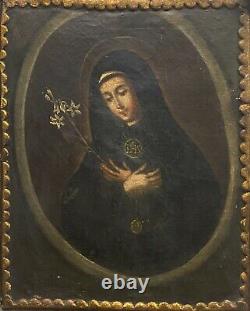 Anonyme Artiste Espagnol (18ème Siècle) Madonna De La Peinture À L'huile Lilies