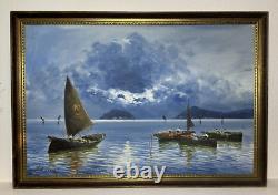 Artiste De Luca, Huile sur toile, Encadrée, 39 x 27, Quatre Bateaux sur la Baie, Pièce Unique