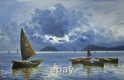 Artiste De Luca, Huile sur toile, Encadrée, 39 x 27, Quatre Bateaux sur la Baie, Pièce Unique