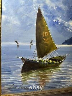 Artiste De Luca, Huile sur toile, Encadrée, 39 x 27, Quatre Bateaux sur la Baie, Pièce Unique