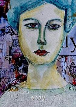 Artiste autodidacte OOAK Ruth A. Portrait contemporain d'art populaire 11x14