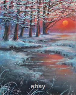Beau paysage enneigé original de coucher de soleil d'hiver cramoisi en peinture pastel OOAK