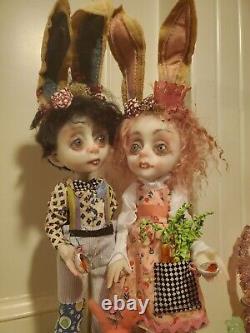 DEUX LuLu Lancaster ooak poupées d'art faites à la main uniques garçon et fille lapins