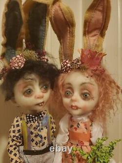 DEUX LuLu Lancaster ooak poupées d'art faites à la main uniques garçon et fille lapins