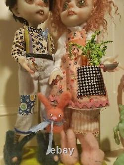 DEUX LuLu Lancaster poupées d'art uniques à la main, lapins garçon et fille.