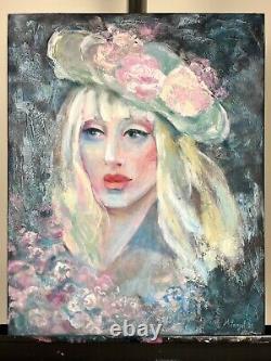 Femme Dans Le Chapeau De Fleur Résumé Portrait Texturé Peinture Originale 20x16 Ooak