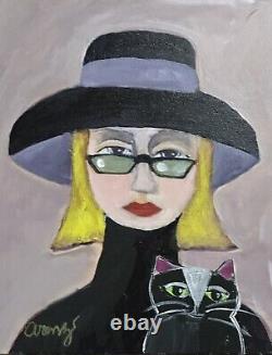 Femmes et Chats / Artiste Autodidacte Ruth A. Peinture 11x14 OOAK