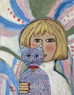 Femmes et Chats / Artiste autodidacte Ruth A. Peinture unique 11x14