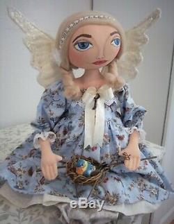 Folk Art Primitif Blue Bird Ange Doll Ooak Main En Amérique