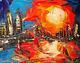 Impressionniste Grande Peinture À L'huile Originale Manhattan Sun New York