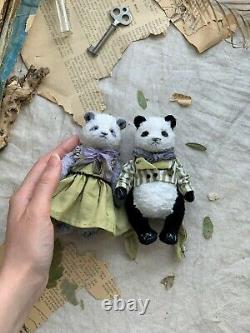 Jouet Fabriqué À La Main Teddy Cadeau Collectionnable Poupée Animal Ooak Pandas Ours Paire