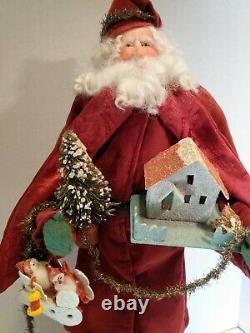 Ooak Artist Santa Doll Par Lois Clarkson Père Noël Avec Des Jouets Antiques