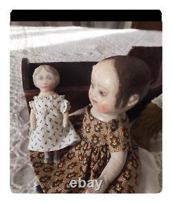 Ooak Artiste Repro Izannah Walker & Art Fabric Mills Dolls /teddy Bear & Cradle