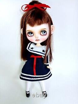 Ooak Custom Blythe Dollbrown Hair Sailor Avec Clothes & Accessoires