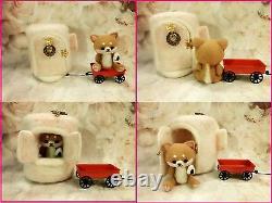 Ooak Handmade 5 Aiguilles En Feutre Shiba Inu Puppy & House Set By Artist Scuznyuki
