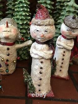 Ooak Primitive Pouting Snowman Christmas Americana Folk Art Figurine Signée