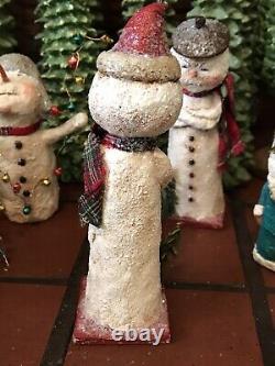 Ooak Primitive Pouting Snowman Christmas Americana Folk Art Figurine Signée