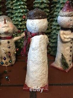 Ooak Primitive Snowman Americana Folk Art Figurine De Noël Signée
