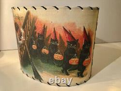Ooak Vintage Halloween Lampshade Handmade Par Artist Postcard Black Cat Witch Jol