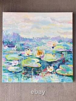 Peinture Abstraite Lys D'eau D'origine Lotus Reflection Pond 20x20 Ooak