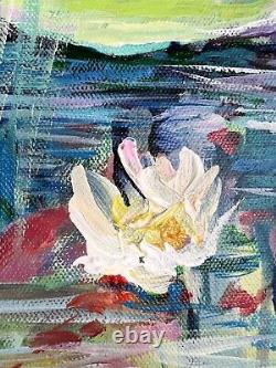 Peinture Abstraite Lys D'eau D'origine Lotus Reflection Pond 20x20 Ooak