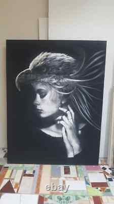 Peinture De Yosvany Arango Charcoal Sur Toile D'origine Cubaine Art Eagle Femme