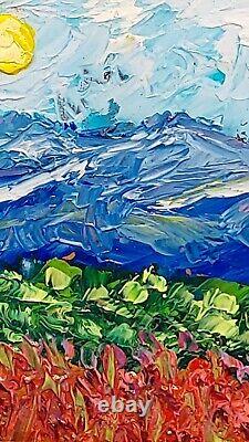 Peinture à l'huile originale Paysage de montagne Fleurs d'été art mural fait main pièce unique