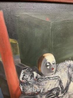 Peinture à l'huile rare et unique signée par l'artiste Ellanor Hoyt - Clown français vintage 24x30