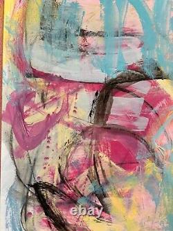 Peinture unique contemporaine OOAK Artwork Abstrait Rose Bleu Jaune Couleurs vives par Kat