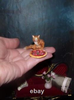 Pizza Cat Réaliste Miniature Fait À La Main Ooak 112 Maison De Poupée Sculptée À La Main Igma
