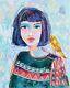Portrait Abstrait De Femme Visage D'outsider Art De L'oiseau Jaune Peinture Originale Ooak