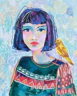 Portrait abstrait de femme visage d'outsider Art de l'oiseau jaune Peinture originale OOAK