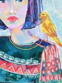 Portrait abstrait de femme visage d'outsider Art de l'oiseau jaune Peinture originale OOAK