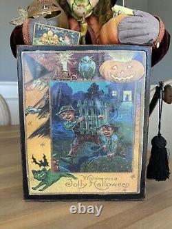 Sorcière unique dans une boîte Décoration d'Halloween Fait main Artiste signé 22 x 12