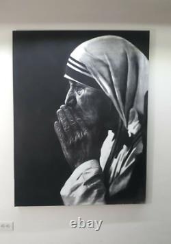 Tableau D'art Hyper Réaliste De Yosvany Arango Charcoal Sur Toile Mère Teresa