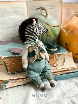 Teddy Handmade Interior Toy Collectable Gift Animal Ooak Zebra Cowboy Doll Décor